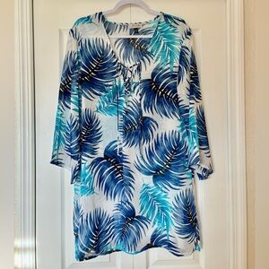 J Valdi Cover-Up Women’s XL Tropical Palm Print Blue Sheer Beach Resort Wear